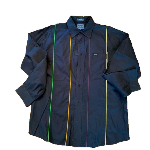 FACCONABLE Men’s Navy Striped Colorful Button Down Shirt - Picture 1 of 3